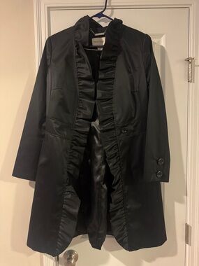 Tahari ASL Black Ruffle-Front Trench Coat